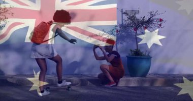 Kaykayla kutlama, Avustralya bayrağı animasyon geçmişinde iki kişi. Kaykay, kutlama, arkadaşlık, spor, macera, açık hava