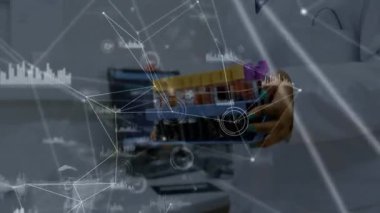 Test tüpleri, ağ bağlantıları ve veri işleme animasyonu olan bilim adamı. laboratuvar, araştırma, biyoteknoloji, yenilik, deney, analitik