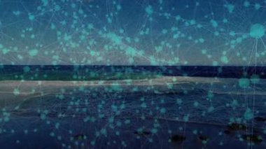 Bağlantılar ağı ve veri işleme animasyonu sahildeki okyanus dalgaları üzerinde. Teknoloji, bağlantı, dijital, ağ, iletişim