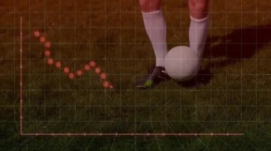 Çimlerin üzerinde duran futbolcu, borsa grafiklerinin animasyonunu yapıyor. Spor, finans, yatırım, atlet, dijital ve ekonomi