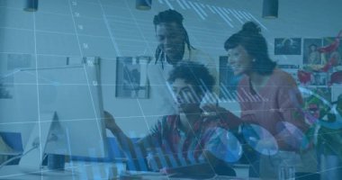 Ofiste işbirliği yapmak, çeşitli takımlar finansal verileri animasyon eşleşmesi ile işliyor. Takım çalışması, işbirliği, iş dünyası, finans, çeşitlilik, veri analizi