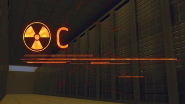 Sunucu odası arka planında uyarı metni ve radyasyon sembolü olan animasyon. Teknoloji, dijital, siber güvenlik, güvenlik, tehlike, alarm