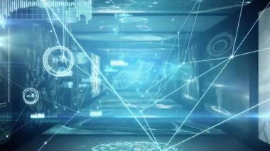 Fütürist dijital ağda parlayan çizgilerin ve veri arayüzlerinin animasyonu. Teknoloji, sanal, yenilik