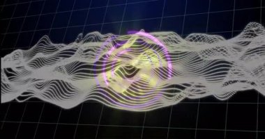 Okulun arka planında dijital dalga formlarının ve dairesel kalıpların animasyonu. Teknoloji, soyut, geleceksel, görselleştirme, yenilik