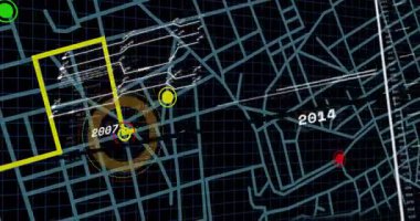 Soyut harita üzerinde, 2004 ve 2019 yıllarını vurgulayan sarı çizgi grafiğinin animasyonu. Çizelge, veri görselleştirme, analitik, istatistik, büyüme, eğilim