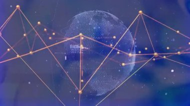 Mavi arkaplan üzerinde ağ bağlantıları ve veri işleme animasyonuna sahip dünya. Küreselleşme, ağ, dijital, bağlantı, teknoloji, yenilik