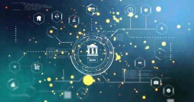 Dijital ağ ve finansal teknoloji sembolleriyle banka simgesinin animasyonu. Finans, para birimi, veri, yenilik, fintech, güvenlik