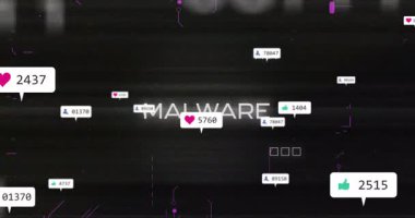 Karanlık dijital arkaplan üzerine sosyal medya bildirimleri ve kötü amaçlı yazılım metinlerinin animasyonu. Siber güvenlik, hackleme, alarm, internet, virüs, şifreleme