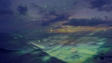 Huzurlu okyanus günbatımı sahnesini kaplayan dijital veri kalıplarının animasyonu. Teknoloji, fütürist, yenilik, doğa, sükunet, manzara