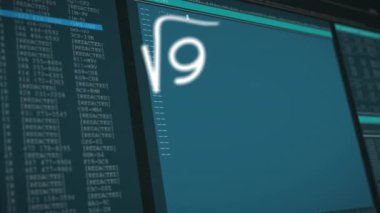 Matematiksel denklemlerle kodlama arayüzünün animasyonunu gösteren bilgisayar ekranı. Teknoloji, programlama, matematik, dijital, geliştirme, yazılım