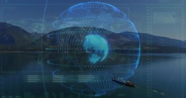 Huzurlu göl ve dağ manzarası üzerinde dijital küre ve veri işleme animasyonu. Teknoloji, yenilik, analitik, ağ, bağlantı, çevre