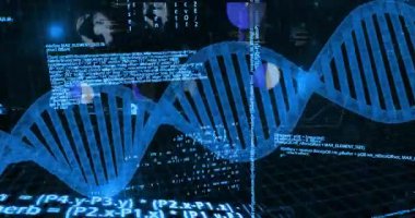 İkili kodlama ile DNA ipliği, animasyon tarzında bilimsel veri işleme. Genetik, biyoenformatik, biyoteknoloji, dijital, yenilik, teknoloji