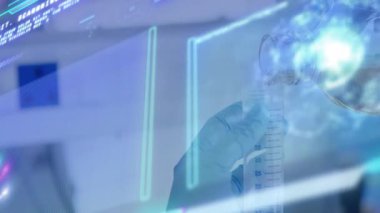 Eldivenli el, bilimsel veri grafiklerinin üzerine sıvı döküyor. Laboratuvar, deney, biyoteknoloji, analiz, kimya, yenilik