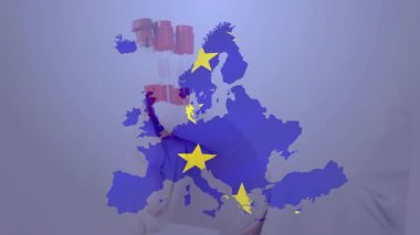 Okul laboratuarında, Avrupa haritası yıldızlarının animasyonuyla el ele tutuştukları test tüpleri. Bilim, araştırma, deney, kimya, yenilik, teknoloji