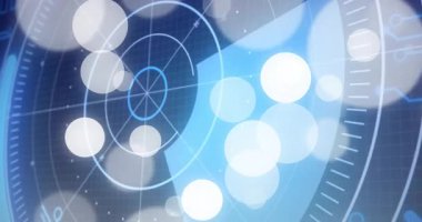 Dairesel kalıplarla soyut dijital arayüzde parlayan beyaz kürelerin animasyonu. Fütüristik, teknoloji, tasarım, grafik, daireler