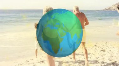 Okyanus kıyısındaki kumsalda yürüyen insanların dünya animasyonu. seyahat, rahatlama, tatil, turizm, kıyı şeridi, tatil