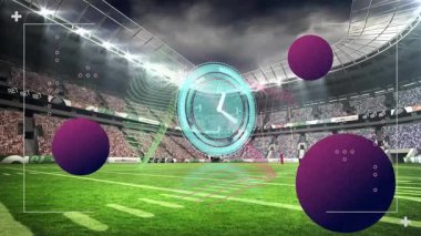 Neşeli futbol stadyumunun üzerinde tezahürat yapan kalabalıkla dijital saat animasyonu. Spor, arena, heyecan, futbol, eğlence