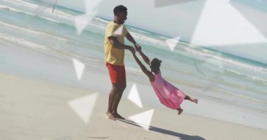 Babası sahilde kızını döndürüyor. Geometrik şekiller, animasyonlar, sahneler. Aile, bağ, mutluluk, oyun zamanı, hareket, yaz zamanı