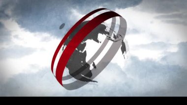 Bulutlu gökyüzü animasyon arka planında kırmızı ve beyaz halkaları olan dönen bir dünya. Dünya, dönüş, gök, atmosfer, gezegen, yörünge