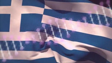 Arka planda dijital veri animasyonuyla dalgalanan Yunan bayrağı. Yunanistan, vatanseverlik, sembol, teknoloji, bağlantı, siber