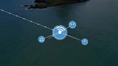 Dijital simgelerin animasyonu ve manzaralı ada manzarası üzerindeki bağlantılar. Teknoloji, yenilik, ağ, gelecek, doğa, sinerji