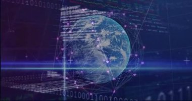 Finansal veri animasyonu üzerinde ağ bağlantıları ve ikili kodları olan dijital bir dünya. Teknoloji, finans, yenilik, siber güvenlik, küresel