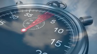 Stopwatch, bulutlu gökyüzü arkaplanının animasyon tarzında saniyeleri gösteriyor. Zaman, bulutlar, geri sayım, zamanlayıcı, dijital, ölçüm