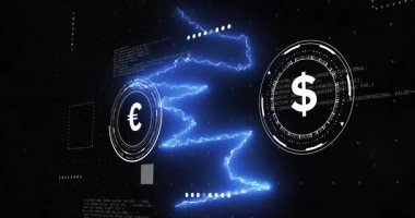 Elektrik enerjisi ve veri işleme animasyonu içeren Euro ve Dolar sembolleri. Para birimi, finans, dijital, yenilik, teknoloji, ekonomi