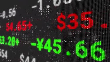 Kırmızı ve yeşil değerler gösteriliyor, dijital animasyon tahtasında borsa numaraları. Maliye, borsa, yatırım, ticaret, dijital ekran, mali veriler