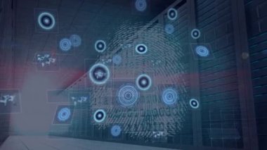 Okulda, animasyon dijital desenli fütüristik parmak izi taraması gösteriyor. Biyometrik, güvenlik, teknoloji, yenilik, tanımlama, kimlik denetimi