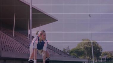 Yakalayıcı top, stadyumda finansal grafik animasyonu olan atlet. Spor, finans, yatırım, analitik, rekabet