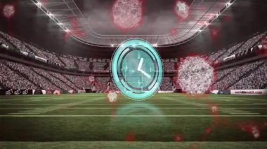 Futbol stadyumunun üzerinde dolaşan virüs parçacıkları ile dijital saat animasyonu. Spor, salgın, geri sayım, sağlık, dikkat, zaman