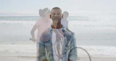 Arkadaşlarla bisiklete binmek, sahilde gülümseyen adam animasyondan zevk alıyor. Bisiklet, arkadaşlık, eğlence, açık hava, mutluluk, tatil