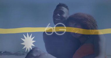 Sahilde eğlenen 6G teknolojili animasyon sahnelendi. bağlantı, dijital, ağ, yenilik, tatil, okyanus