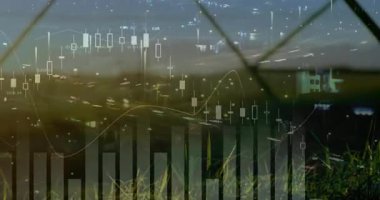 Finansal veri grafiklerinin ve grafiklerin animasyonuyla geceleyin şehir manzarası. İş, finans, teknoloji, şehir ışıkları, veri görselleştirme, analitik