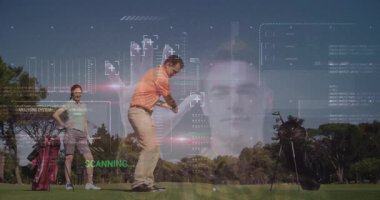 Sallanan kulüp, golfçü animasyon ve dijital analizlerle dolu bir rota. teknoloji, spor, sanal, izleme, atlet, hareket