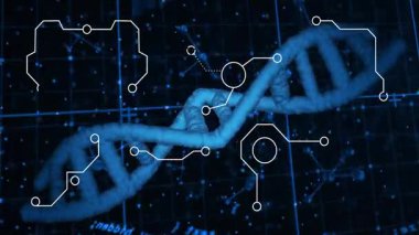 Animasyon dizisinde ikili kodlama ile bilimsel veri işleme dizisi. Biyoteknoloji, genetik, genom, biyoenformatik, yenilik, araştırma