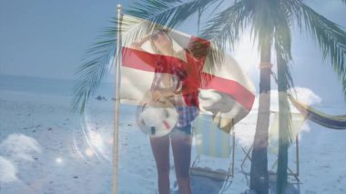 Futbol topu tutan, tropikal plaj animasyonunda sallanan İngiltere bayrağı taşıyan kişi. Futbol, yaz, tatil, kutlama