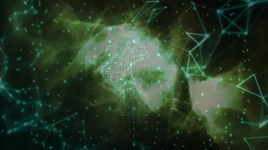 Animasyondaki dijital ağ bağlantıları ve veri noktalarıyla çevrili parlayan dünya. Teknoloji, küresel, bağlantı, gelecek, yenilik, görselleştirme