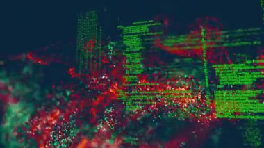 Kırmızı ve yeşil renklerle soyut şekiller oluşturan renkli parçacıkları gösteren animasyon. dijital, hareket, dinamik, canlı, yaratıcı