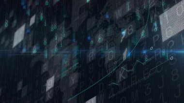 Animasyondaki soyut teknolojik arkaplan üzerinden dijital ikili kod işleniyor. Teknoloji, devre, veri, fütürist, ağ, sanal