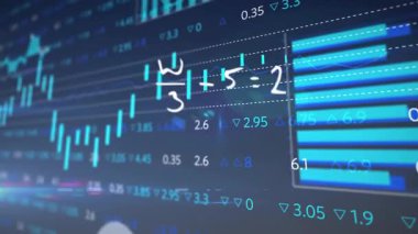 Mali verilerin ve denklemlerin işlenmesi, okuldaki borsa grafiğinin üzerinde animasyon. Finans, ekonomi, eğitim, veri analizi, işletme, akademi