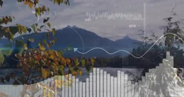 Dijital veri animasyonu dağ manzarasını ağaçlar ve gölle örtüyor. Doğa, teknoloji, çevre, manzara, yenilik, gelecek