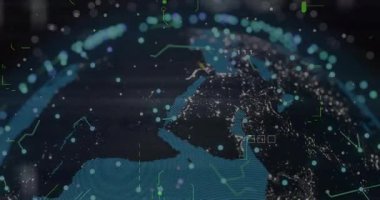 Okulda kıtalar boyunca parıldayan veri çizgileri olan dijital dünyanın animasyonu. Teknoloji, küresel, yenilik, bağlantılar, eğitim, fütüristik