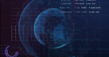 Mavi teknolojik arka planda finansal grafikleri olan dijital dünyanın animasyonu. Teknoloji, finans, yenilik, analitik, veri, fütürist