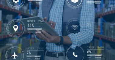 Dijital sipariş takibi ile tablet kullanmak, depo çalışanı envanteri yönetmek. Lojistik, teknoloji, tedarik zinciri, yönetim, verimlilik, depolama