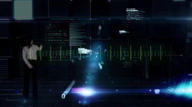 Dijital grafikleri ve dünya haritasını analiz eden iş kadını küresel veri animasyonuna odaklanıyor. teknoloji, analitik, finans, istatistik
