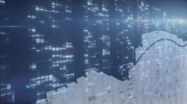 Şehrin üzerinde parlayan ışıklar ve veri kodlarıyla yükselen dijital grafik animasyonu. Teknoloji, ilerleme, analitik, fütüristik, finans, yenilik