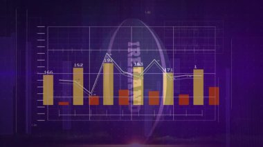Mor arkaplanda finansal veri analizi, çubuk ve çizgi grafikleri gösteriliyor. Finans, istatistik, grafikler, veri görselleştirme, ekonomi, iş