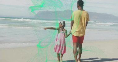 Baba ve kızı yeşil dijital animasyon ile kumsalda yürüyor. Aile, bağ, açık hava, rahatlama.